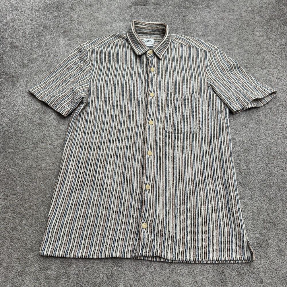 Zara Textured Knit Short Sleeve Button Down Casual Shirt Men Small Beige Striped